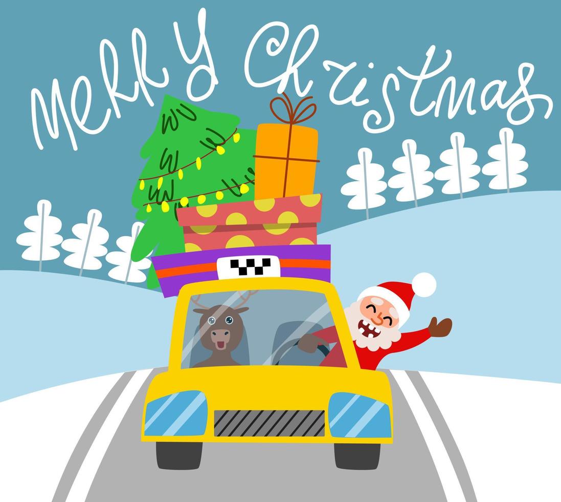 Merry Christmas greeting card. A yellow Christmas taxi with a tree and gifts is driving down the road. vector