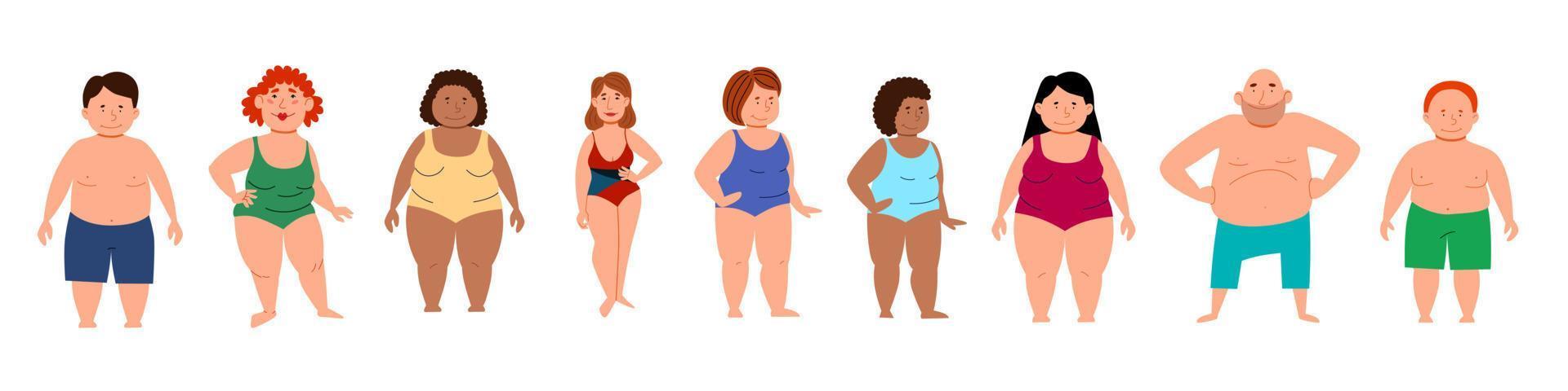 Set with different fat people. Overweight men and women. vector