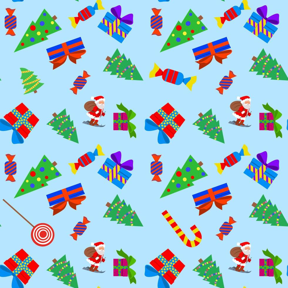 Vector seamless pattern of Christmas items. Winter forest, pine trees, candy, and gifts are printed on fabric, wrapping paper, or wallpaper.