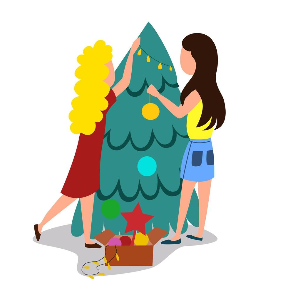 A young couple is decorating a Christmas tree. Two women without a face hang toys, preparing for the new year. vector