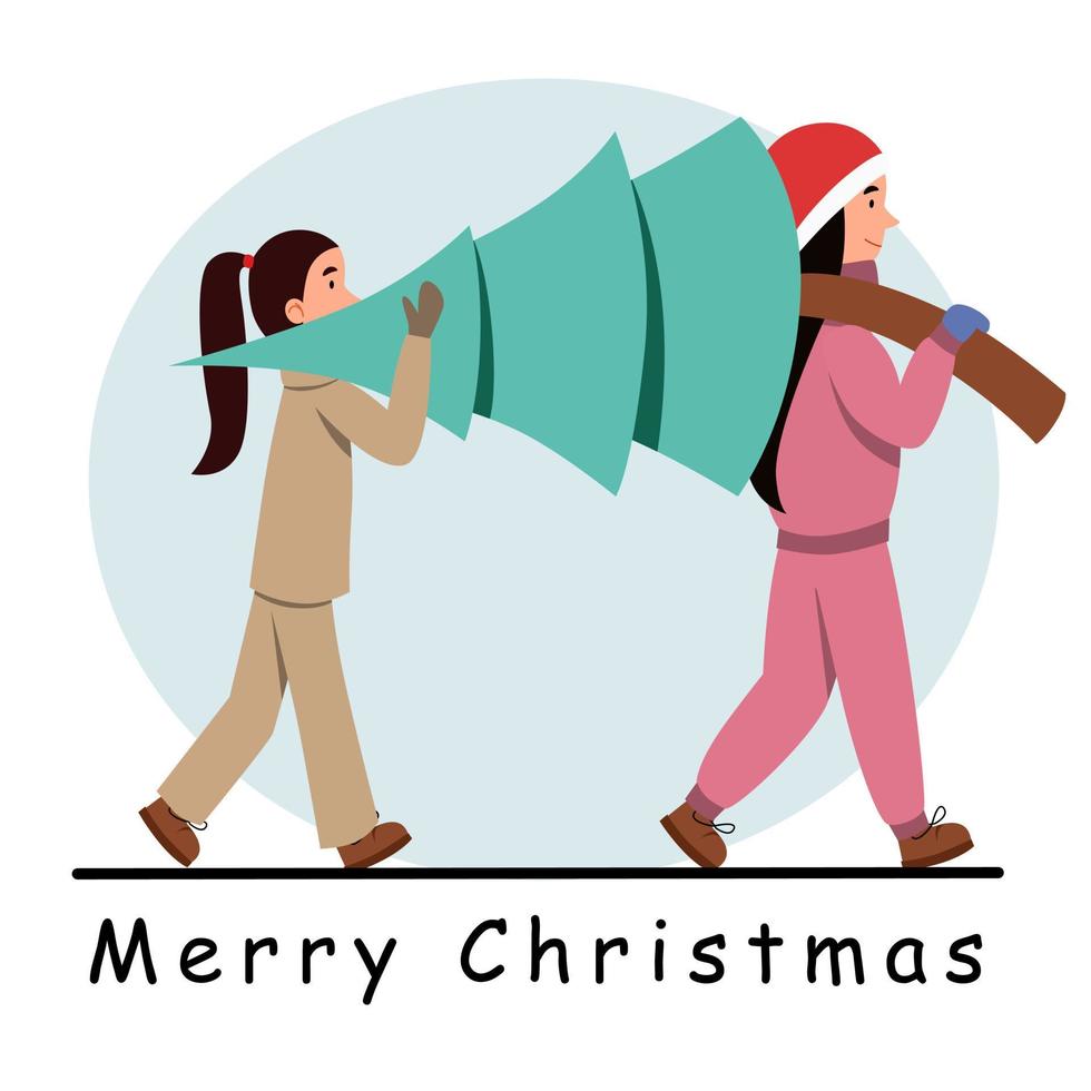 Young people carry a Christmas tree together. Two women are preparing to celebrate the New Year. vector