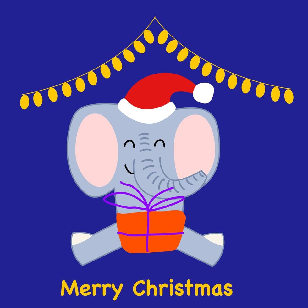 Christmas card with an elephant in a cartoon style with gifts. vector