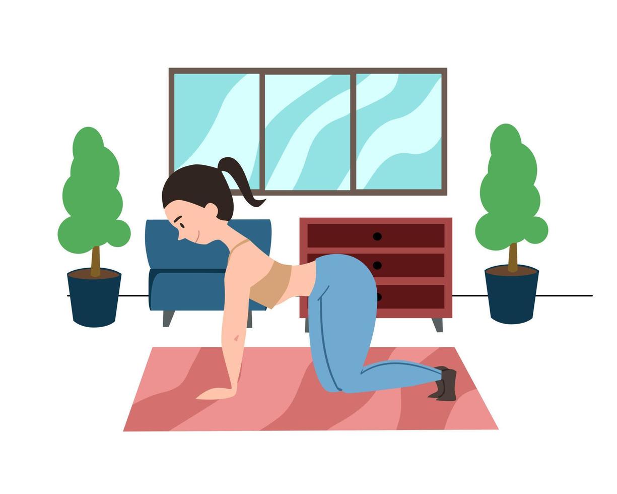 The mother is on all fours, the woman is doing relaxing back exercises in the living room, practicing yoga. Calm parent, kind cat. Plot of a vector illustration