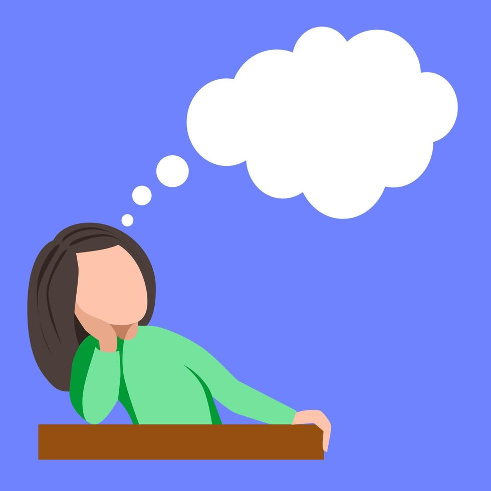In class, the girl thinks. A woman sits at a table up to her waist. white cloud for text. Vector illustration on a blue isolated background.