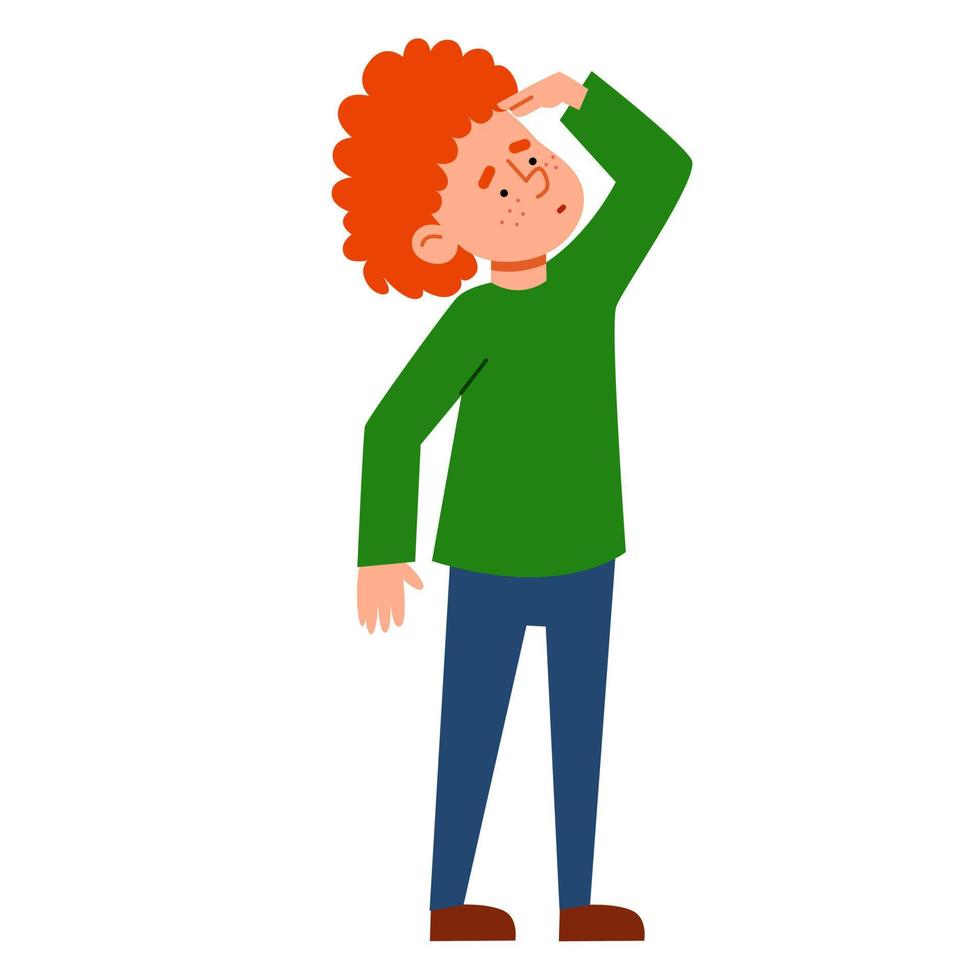 The character of a red - haired boy with freckles looks into the distance . vector