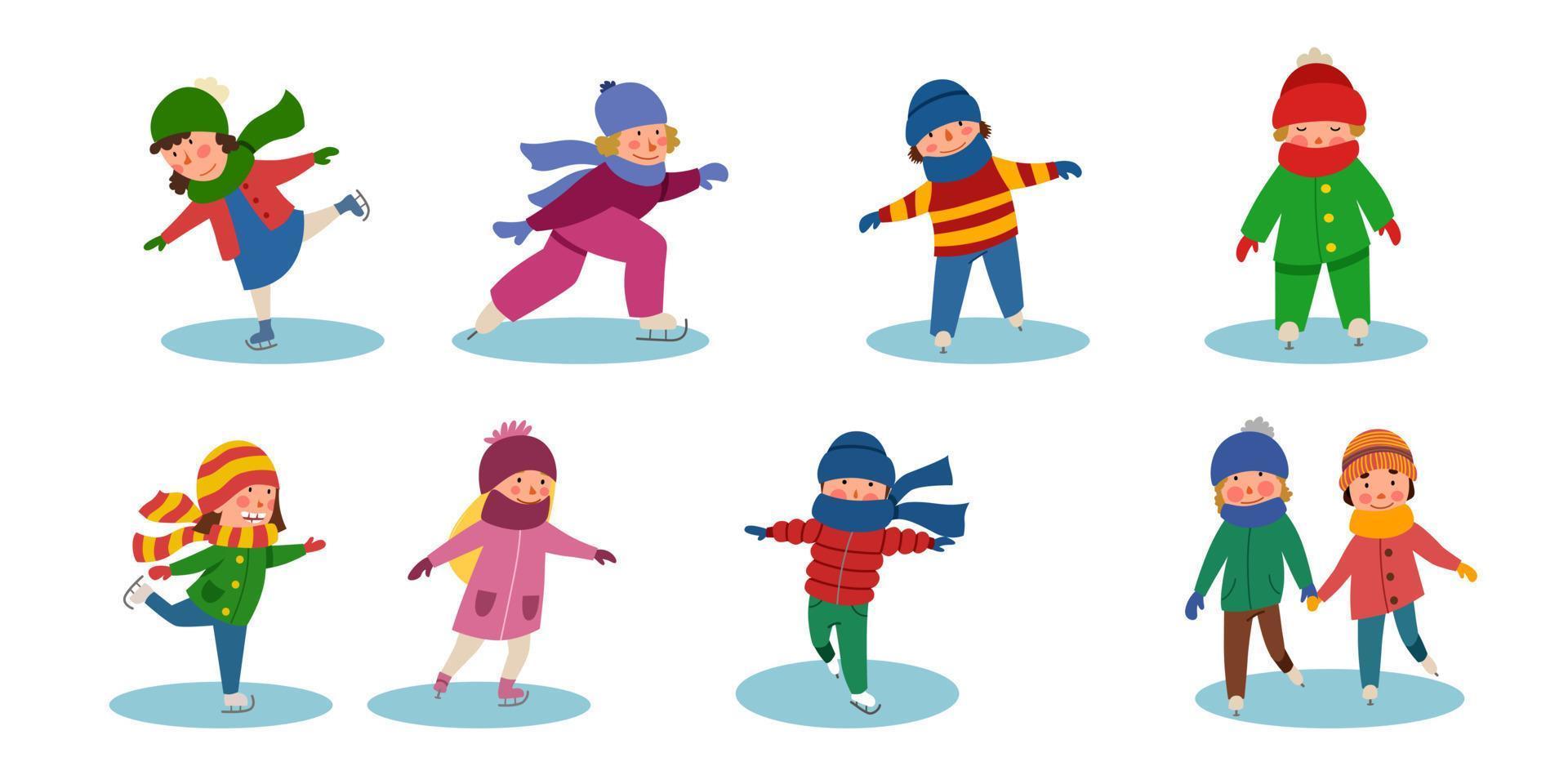 un grupo de niños patinando sobre hielo. Deportes de invierno. vector