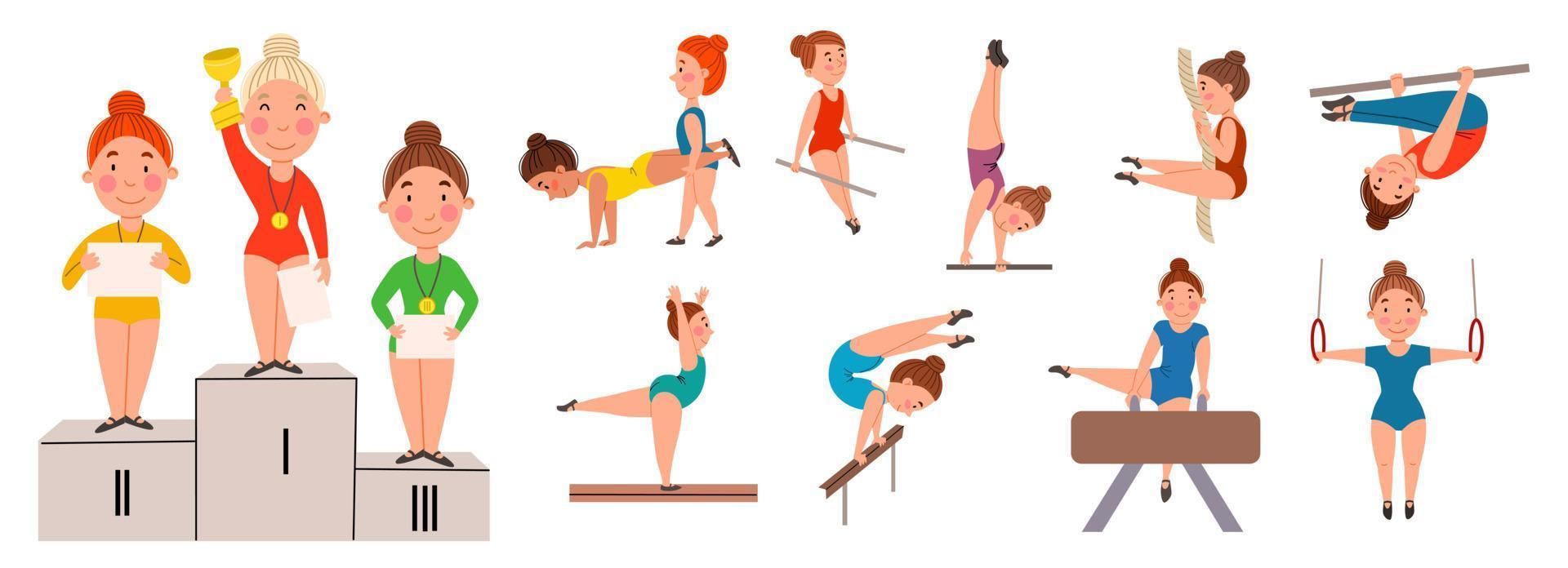 A set of vector illustrations of girls engaged in gymnastics. Children play sports. Stretching and strength exercises. Vector illustration in a flat style on a white isolated background.