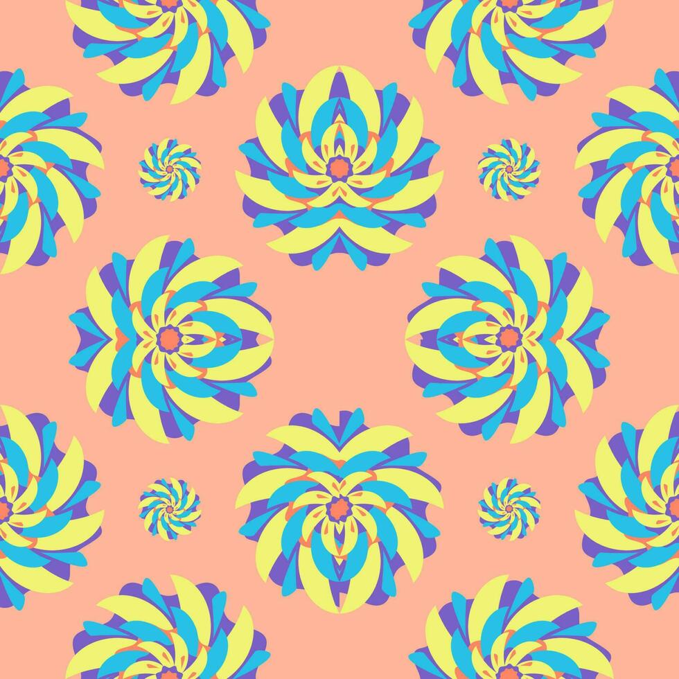 Seamless pattern with colorful flower, yellow blue purple and orange, on orange background for decoration. vector