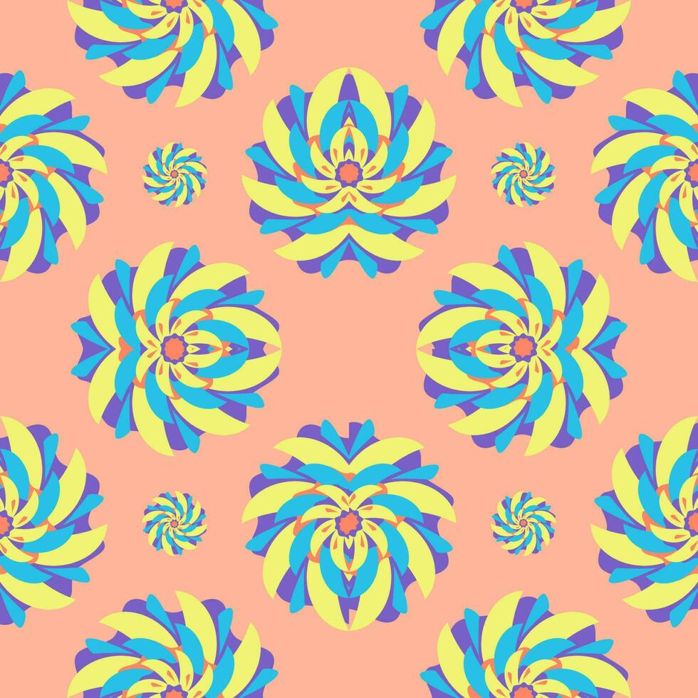 Seamless pattern with colorful flower, yellow blue purple and orange, on orange background for decoration. vector