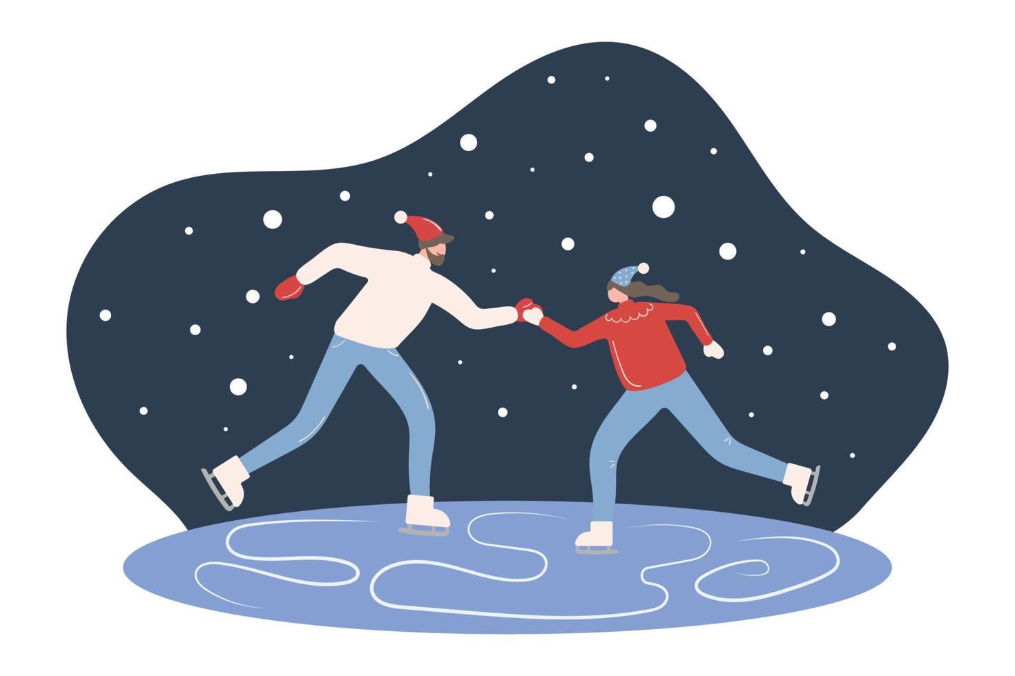 A man and a woman skate on an ice rink in winter. vector illustration