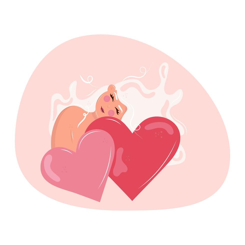 Cute girl with blonde hair hugs a red heart. vector illustration