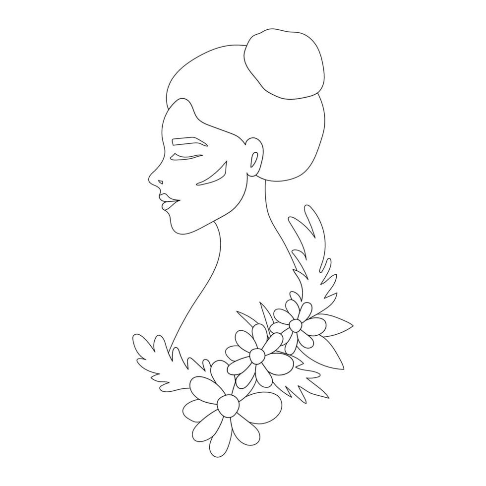 Beautiful young woman with flowers in the style of line art. vector illustration