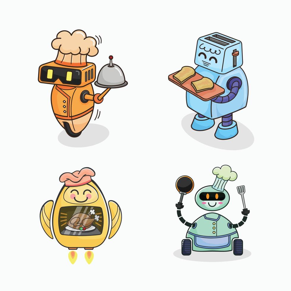 Chef robot cartoon hand drawn character set collection design illustration vector