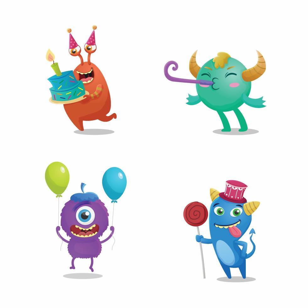 Cute monster birthday party cartoon hand drawn flat character set collection design illustration vector