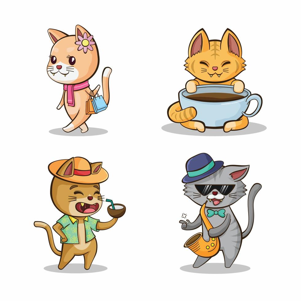 Cute cat activities cartoon hand drawn character set collection vector