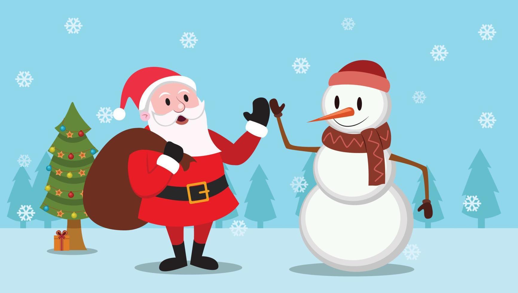 Vector Illustration of Snow man, Santa and Christmas Tree