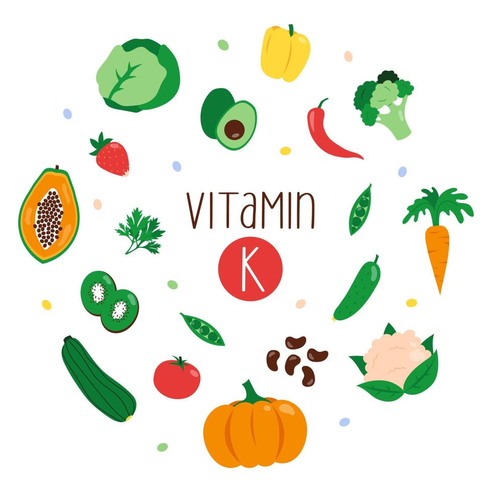 Collection of vitamin K sources. Dietetic products, natural organic nutrition. Flat vector illustration.