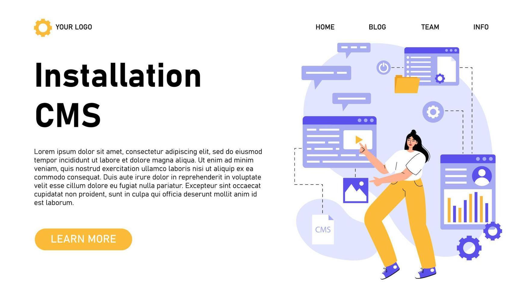 CMS installation web banner. Content management system. Creation and modification of digital content. Idea of digital strategy and content for social network. vector