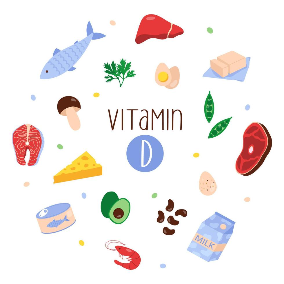 Collection of vitamin D sources. Food enriched with cholecalciferol. Flat vector illustration.