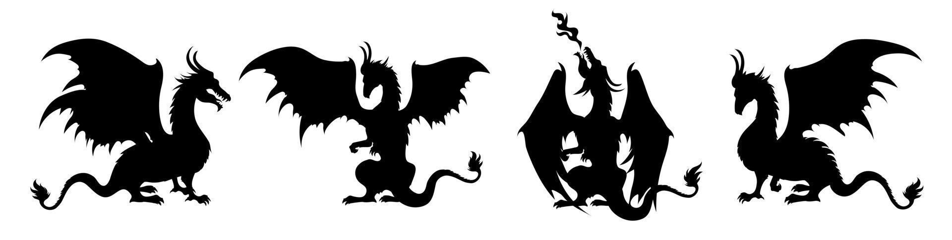 Silhouette black dragons with wings. vector