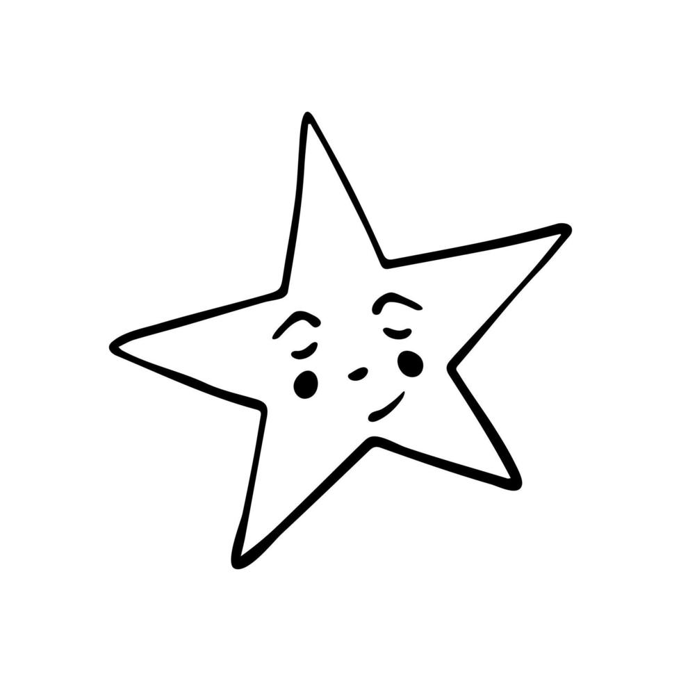 Hand drawn doodle smiling, sleeping star. Star shape for design. Isolated on white background. vector