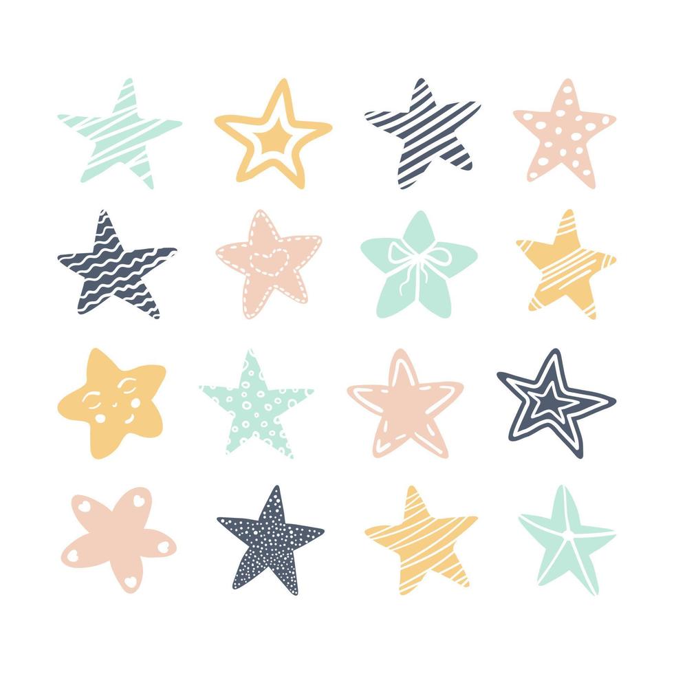 Set of various hand drawn  cute colorful stars decorated with waves, smiling face, stripes, dots, circles. Star shapes illustration for design. Isolated on white background vector