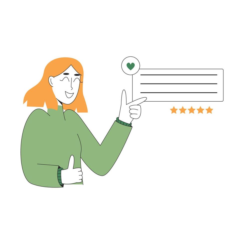 Happy woman giving positive feedback to service. Five star rating customer satisfaction. Review concept. Vector illustration in flat style isolated on white background