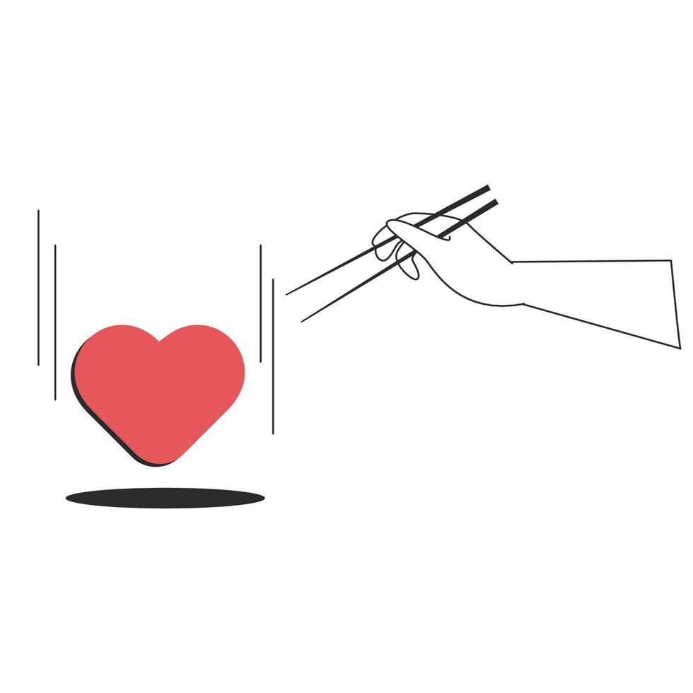 Human hands hold sushi chopsticks and grab a heart hanging in the air. Vector illustration in outline style. Tattoo ideas.