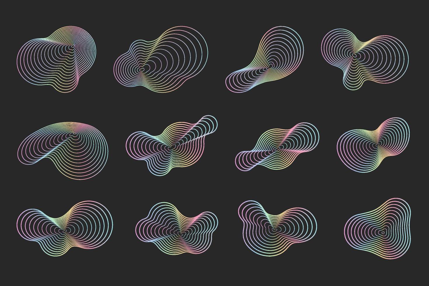 Abstract topography circles. Organic neon colored texture shapes. Vector outline holographic illustrations set.