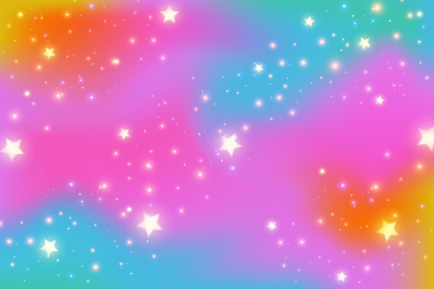 Rainbow fantasy background. Bright multicolored sky with stars and sparkles. Holographic wavy illustration. Vector. vector