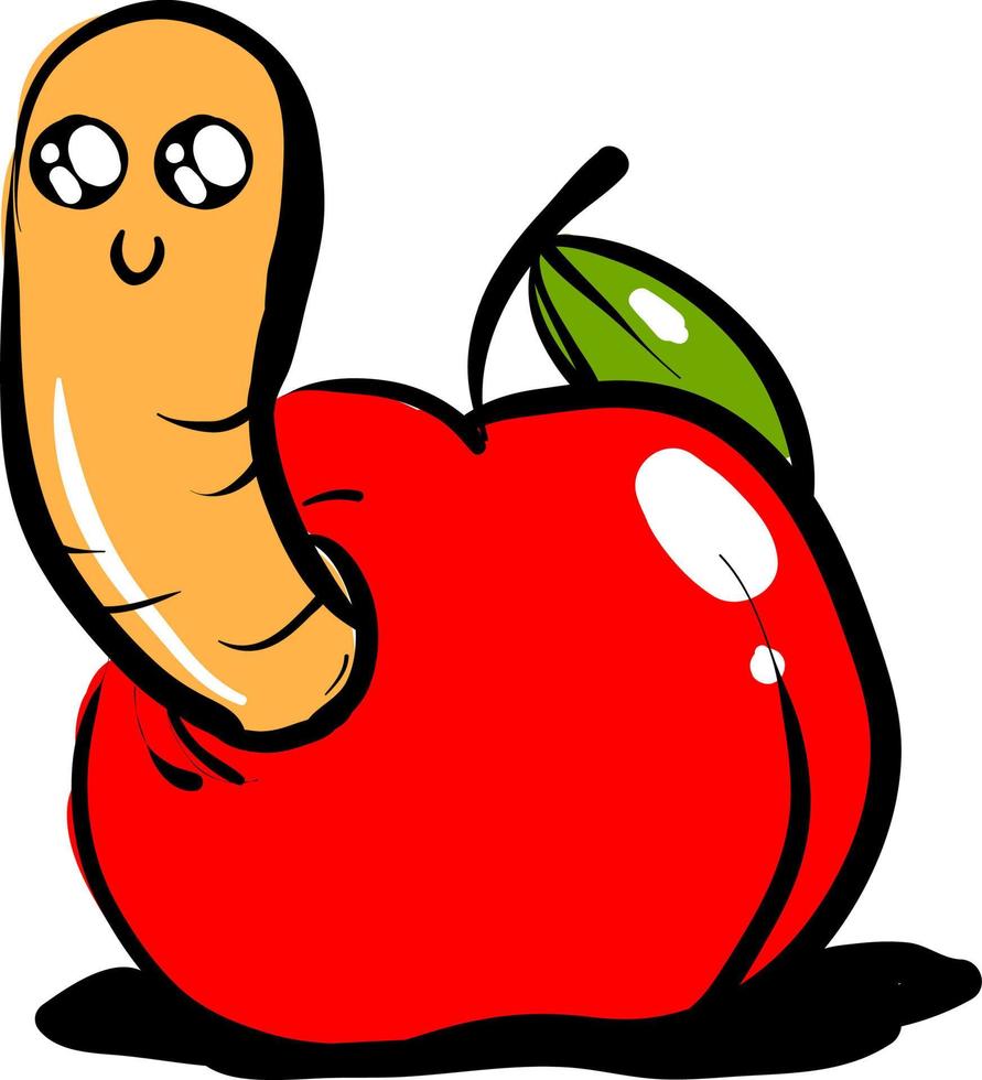 Apple with worm, illustration, vector on white background.