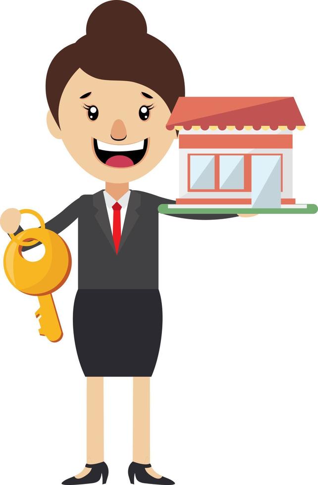 Woman holding big key, illustration, vector on white background.