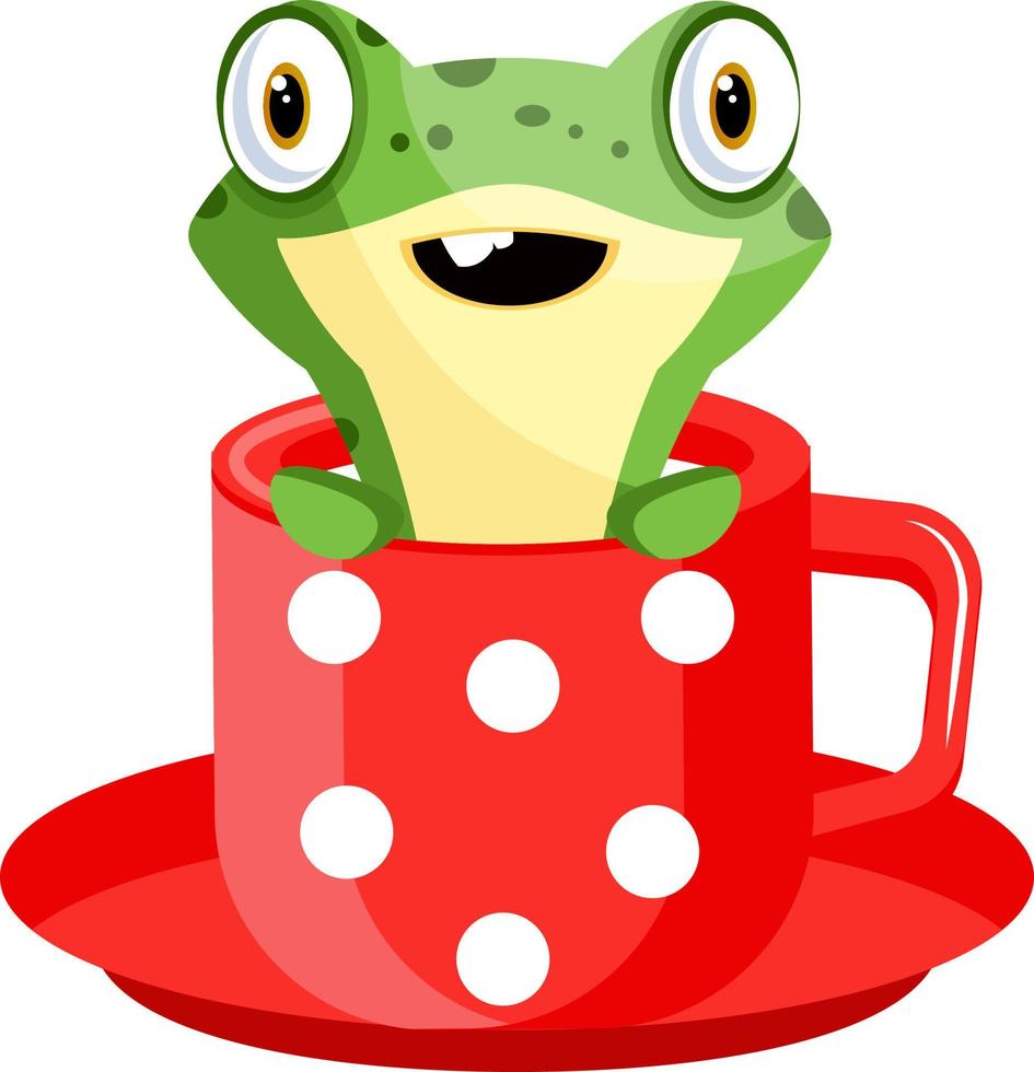 Joyful frog in a cup of tea, illustration, vector on white background.