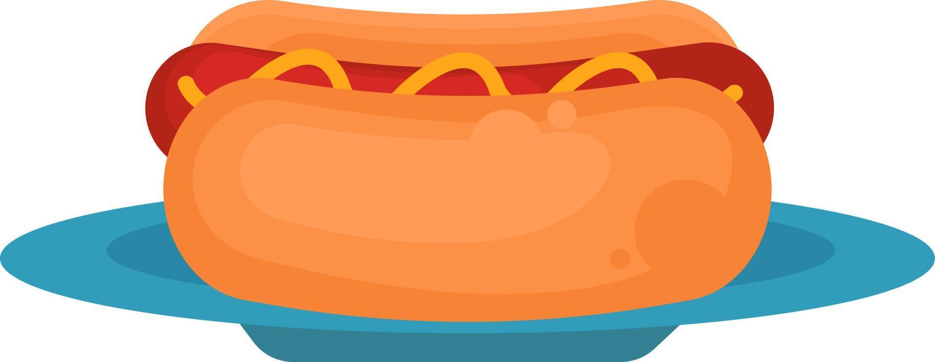 Small hot dog on a plate, illustration, vector on a white background.