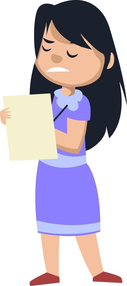 Girl writing on paper, illustration, vector on white background.