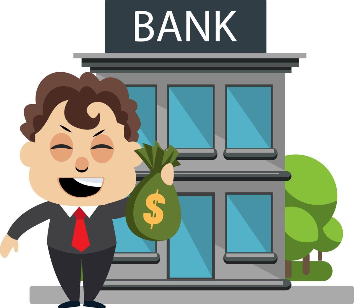 Man with money at the bank, illustration, vector on white background.