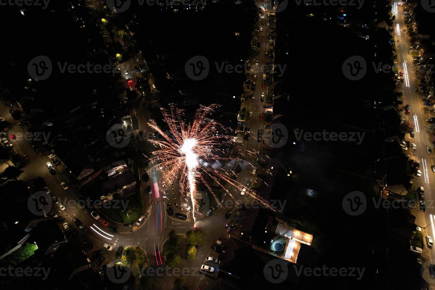 Beautiful Aerial View of British City and Roads at Night. Drone's High Angle Footage of Illuminated British Town photo