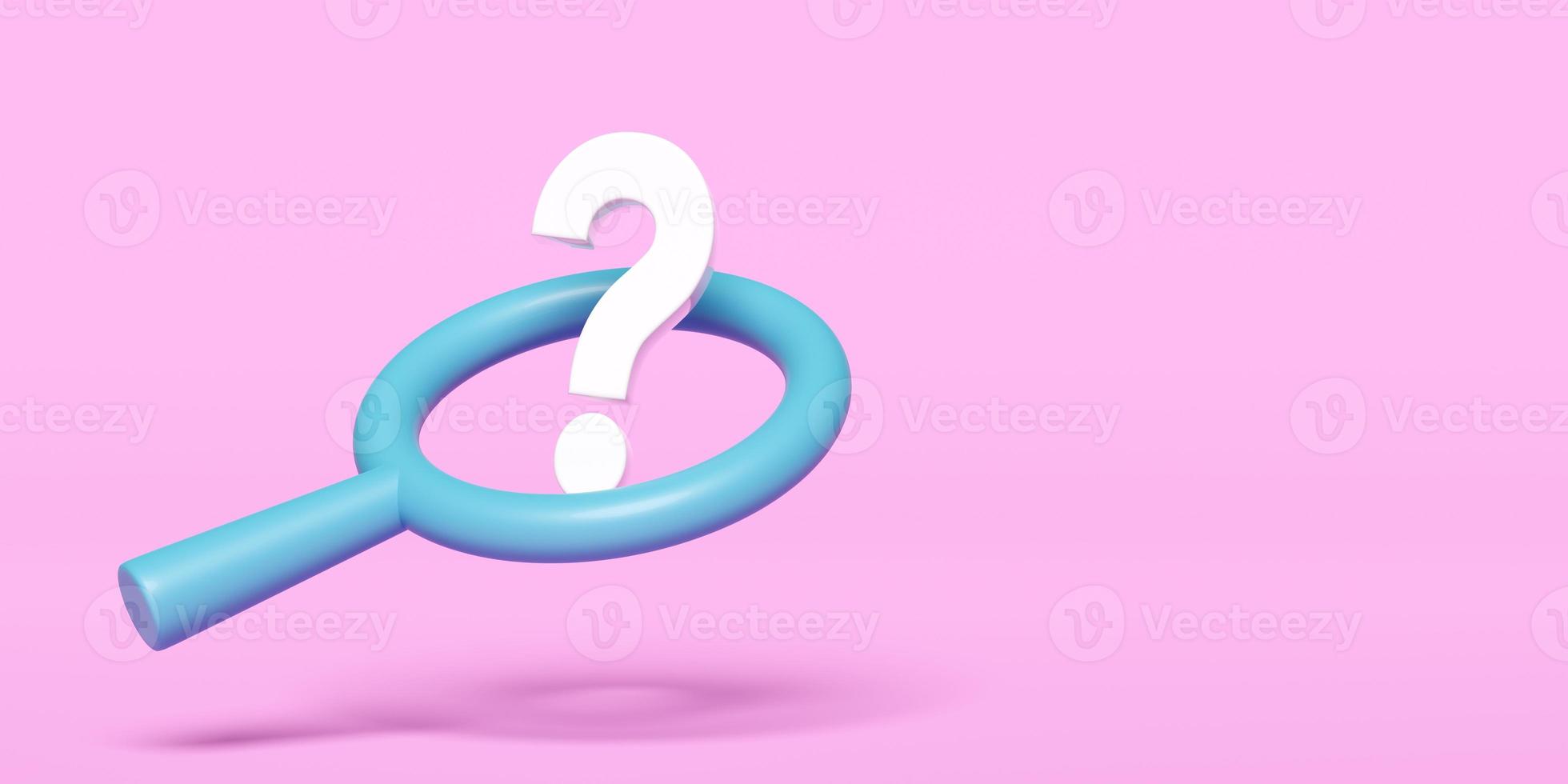 3d white question mark symbol with magnifying glass icon isolated on pink background. FAQ or frequently asked questions, minimal concept, 3d render illustration, clipping path photo