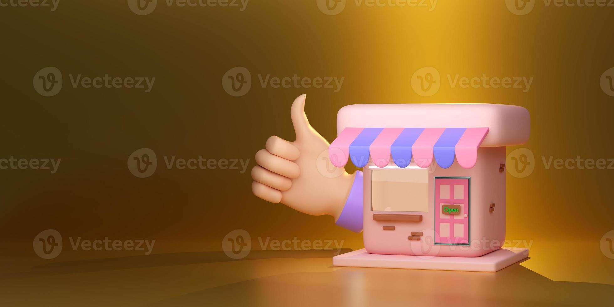 3d shop or store front with thumbs up isolated on golden color background. Startup franchise business, online shopping concept, 3d illustration or 3d render, clipping path photo