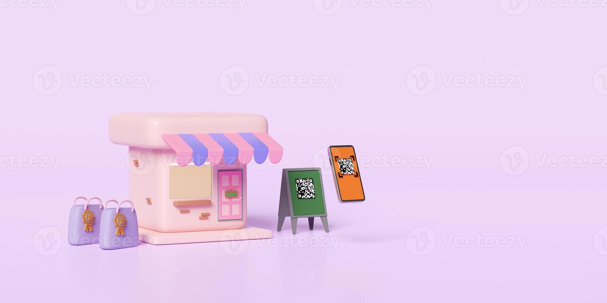 mobile phone, smartphone with qr code scanning, store front sign, shopping paper bags isolated on pink background. online shopping concept, 3d illustration render, clipping path photo