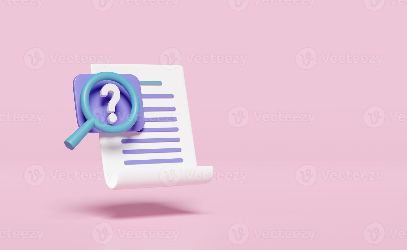 3d question mark symbol with Id card magnifying, checklist, clipboard isolated on pink. recruitment staff, human resources, job search, job application concept, 3d render illustration, clipping path photo