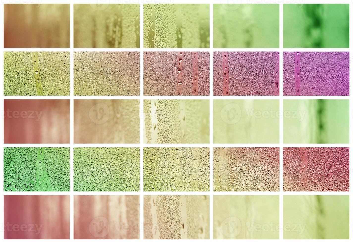 A collage of many different fragments of glass, decorated with rain drops from the condensate. Autumn tone with red, yellow and green colors photo