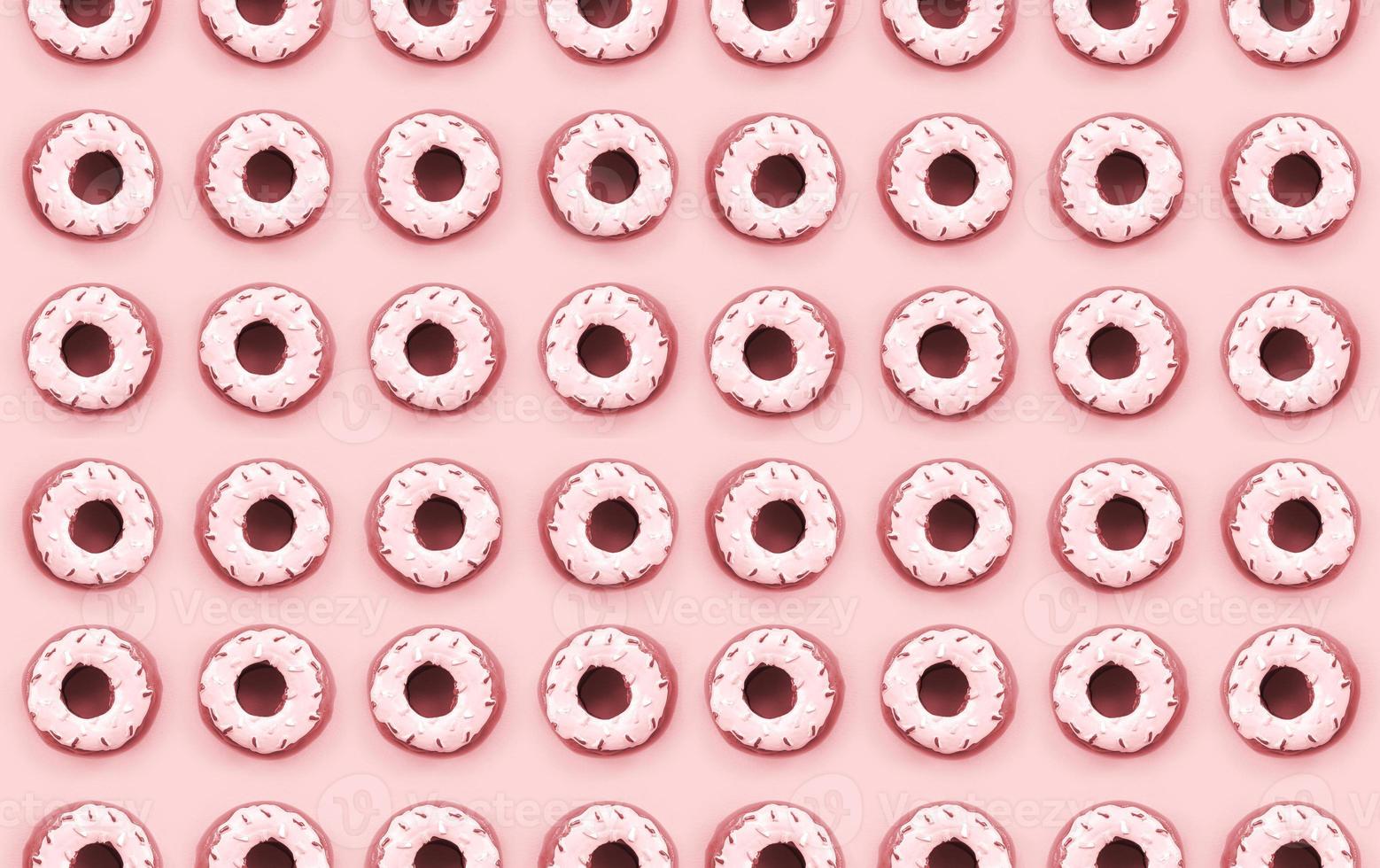 Many small plastic donuts lies on a pastel colorful background. Flat lay minimal pattern. Top view photo