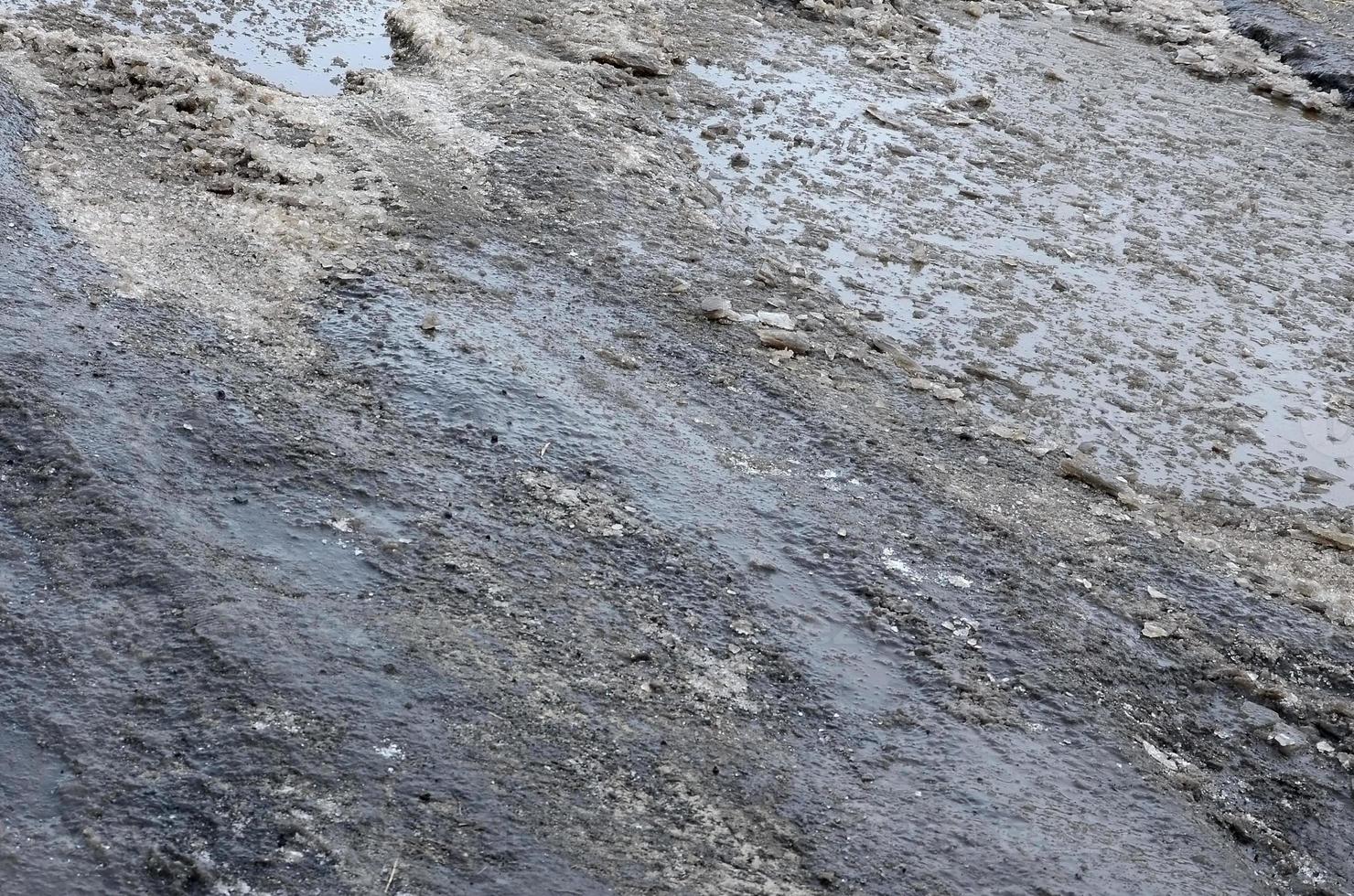 Damaged asphalt road with potholes caused by freezing and thawing cycles during the winter. Poor road photo