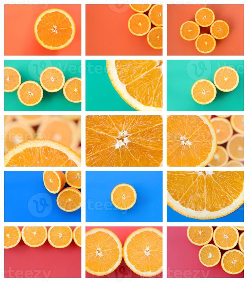 A collage of many pictures with juicy oranges. Set of images with fruits and different colors photo