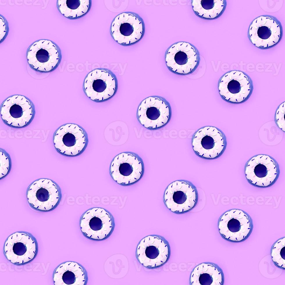 Many small plastic donuts lies on a pastel colorful background. Flat lay minimal pattern. Top view photo