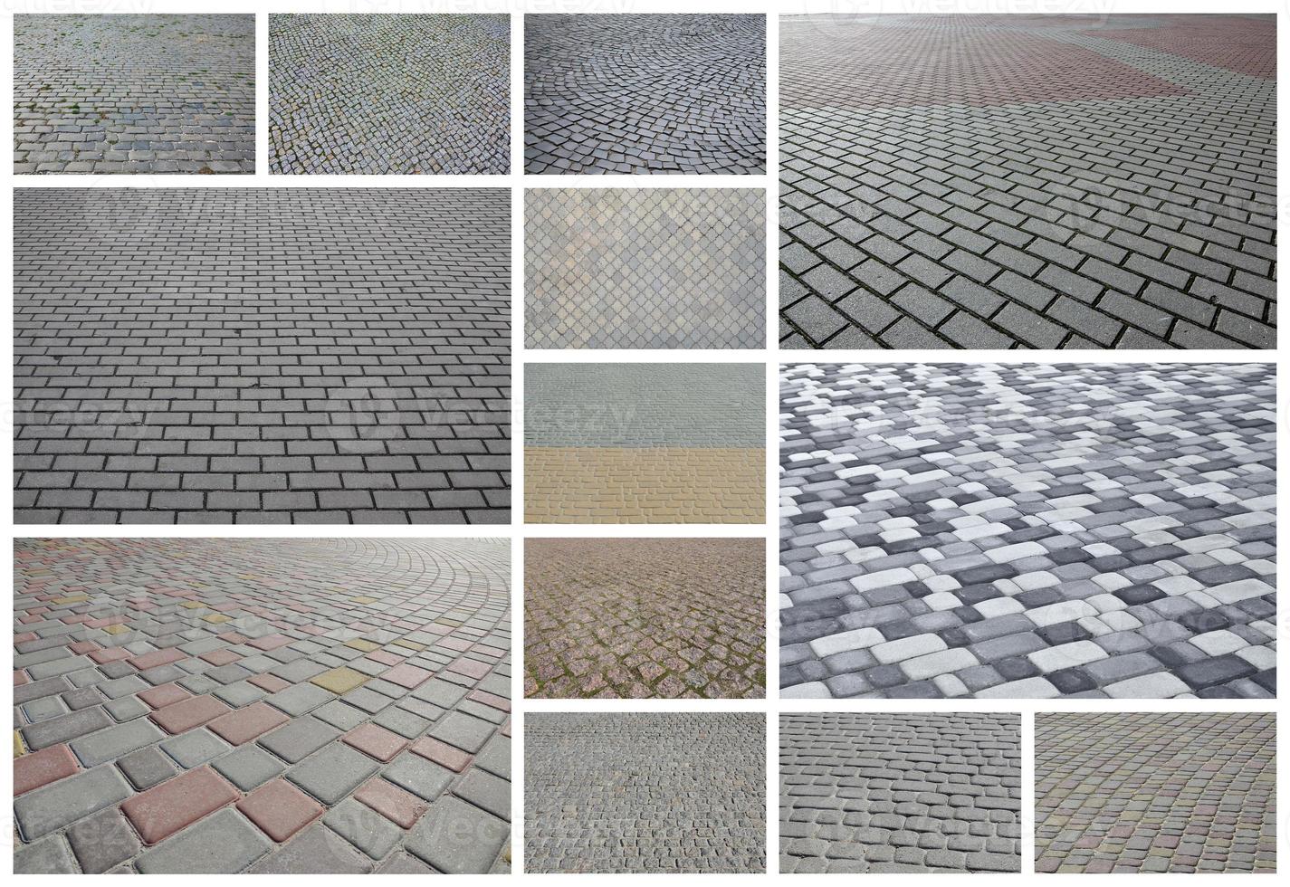 A collage of many pictures with fragments of paving tiles close-up. Set of images with pavement stone photo