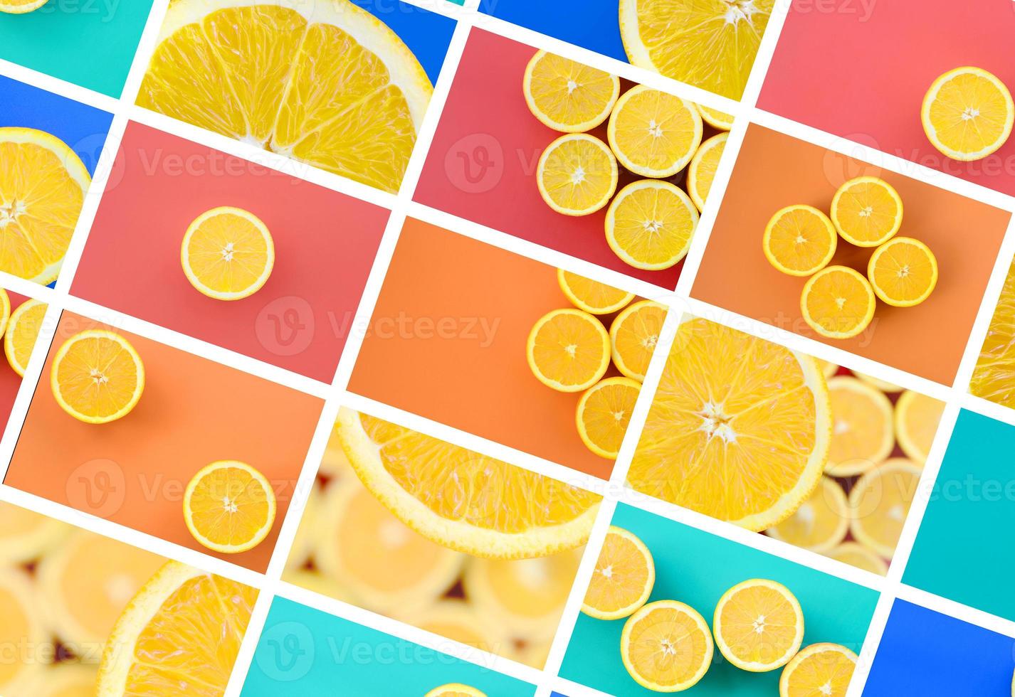 A collage of many pictures with juicy oranges. Set of images with fruits and different colors photo