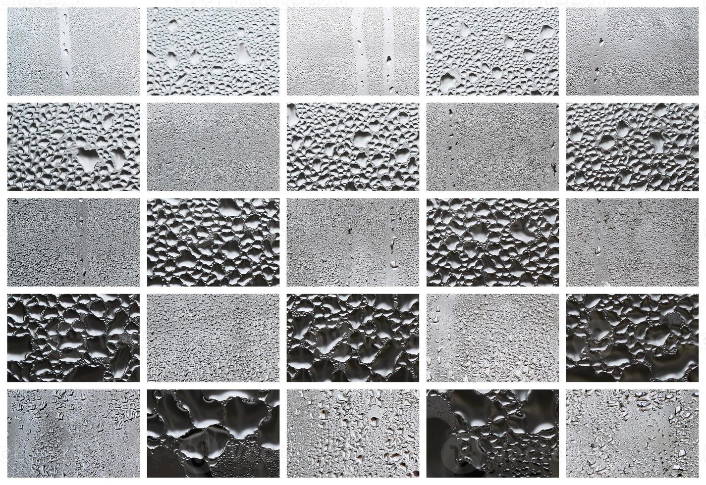 A collage of many different fragments of glass, decorated with rain drops from the condensate. Black and white tones photo