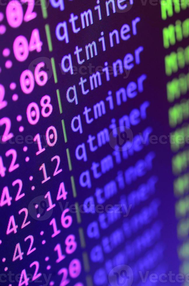 Macro snapshot of the program interface for crypto currency mining on the monitor of an office computer. The concept of mining bitcoins. The flow of information strings and data photo